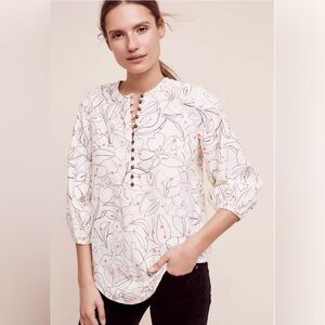Anthropologie Maeve Size M Bethesda Top Floral Print Cotton 3/4 Sleeve Cream